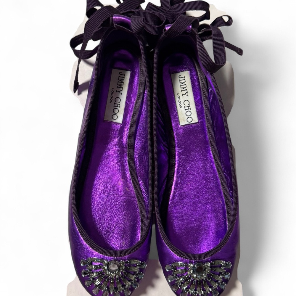 Jimmy Choo Shimmering Purple Flats with straps and Embellishments